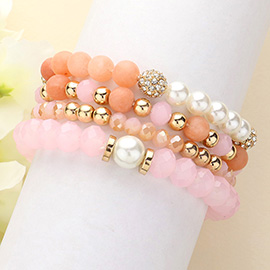 4PCS - Pearl Shamballa Ball Pointeed Beaded Stretch Multi Layered Bracelets