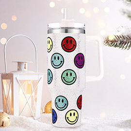 Bling Studded Smile Faced Patterned 40oz Stainless Steel Tumbler