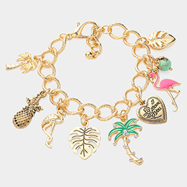 Palm Tree Pineapple Tropical Leaf Flamingo Heart Charm Chunky Bracelet