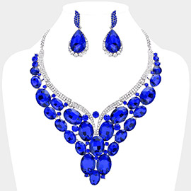 Oval Glass Stone Cluster Embellished Evening Necklace