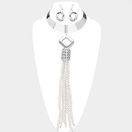 Oversized Pearl Tassel Pointed Metal Plate Statement Necklace