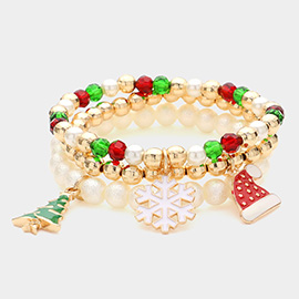 3PCS - Enamel Christmas Charm Pointed Beaded Stretch Multi Layered Bracelets