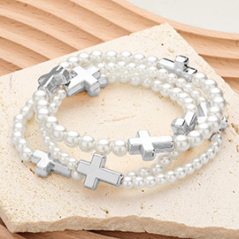 3PCS - Metal Cross Pointed Pearl Beaded Stretch Multi Layered Bracelets