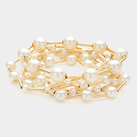 7PCS - Pearl Metal Ball Beaded Stretch Multi Layered Bracelets