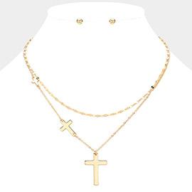 Metal Cross Pendant Pointed Double Layered Necklace