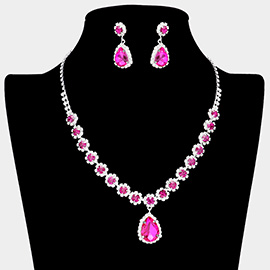 Teardrop Stone Pointed Flower Rhinestone Paved Necklace