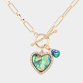 Abalone Heart Pendant Paperclip Chain Toggle Necklace