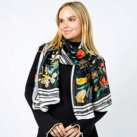 Flower Print Satin Oblong Scarf