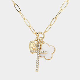 Stone Paved Cross Pearl Pointed Heart Mother Of Pearl Quatrefoil Charm Pendnt Necklace