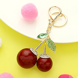 Gold Plated Stone Paved Resin Cherry Keychain