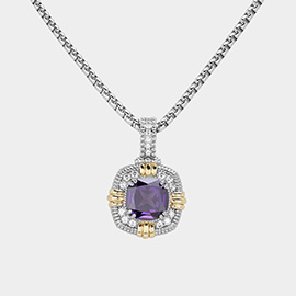 14K Gold Plated Two Tone Cushion Cut Stone Pendant Necklace