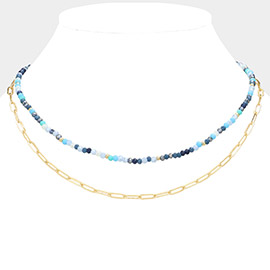 Faceted Beaded Metal Paper Clip Chain Layered Necklace