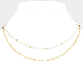 Faceted Beaded Metal Paper Clip Chain Layered Necklace