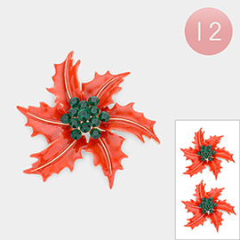 12PCS - Round Stone Embellished Enamel Poinsettia Flower Pin Brooches