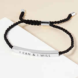 White Gold Dipped I CAN I WILL Message Bar Pointed Rope Adjustable Cinch Pull Tie Bracelet