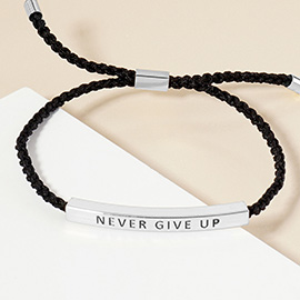 White Gold Dipped NEVER GIVE UP Message Bar Pointed Rope Adjustable Bracelet