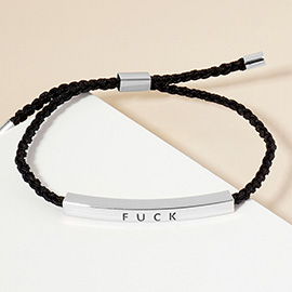 White Gold Dipped FUCK Message Bar Pointed Rope Adjustable Cinch Pull Tie Bracelet