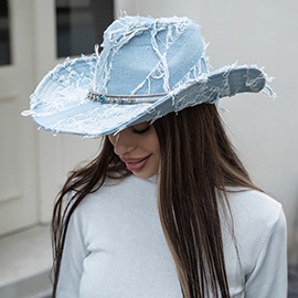 Flower Pointed Band Distressed Denim Western Cowboy Hat