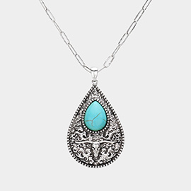 Western Teardrop Turquoise Stone Pointed Teardrop Plate Pendant Necklace