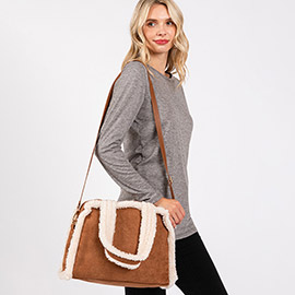 Fleece Trimmed Solid Tote / Crossbody Bag With Adjustable Strap