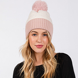 Two Tone Fleeced Pom Pom Beanie Hat