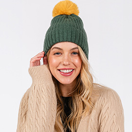 Solid Color Pom Pom Two Tone Beanie Hat