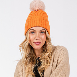 Solid Color Pom Pom Two Tone Beanie Hat