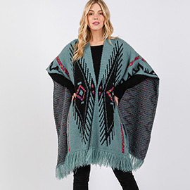 Fuzzy Aztec Pattern Tassel Knit Ruana Poncho