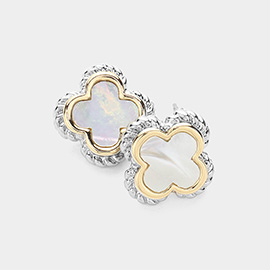 14K Gold Plated Mother Of Pearl Two Tone Quatrefoil Stud Earrings