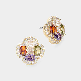 14K Gold Plated Colorful CZ Stone Paved Flower Evening Stud Earrings