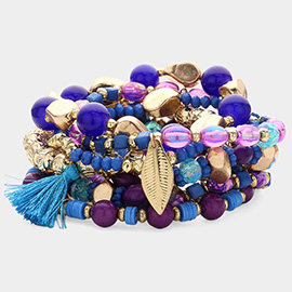 8PCS - Various Beads Beaded Tassel Metal Leaf Charm Pointed Stretch Multi Layered Bracelets