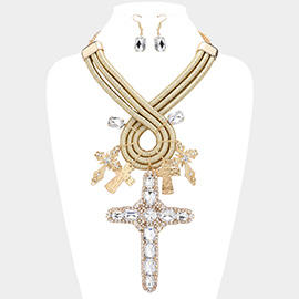 Oversized Stone Embellished Cross Pendant Accented Abstract Metal Wire Statement Necklace