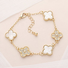 Stone Paved Mother Of Pearl Quatrefoil Link Bracelet