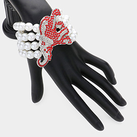 Stone Paved Elephant Pointed Stretch Pearl Strand Bracelet