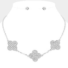 Triple Stone Paved Quatrefoil Link Necklace