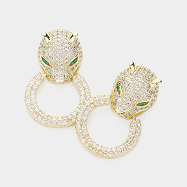 14K Gold Plated CZ Stone Paved Leopard Door Knocker Evening Earrings