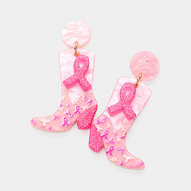 Glittered Pink Ribbon Western Boots Dangle Earrings