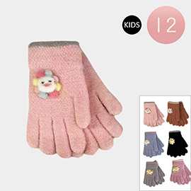 12Pairs - Kids Flower Pointed Knit Winter Gloves