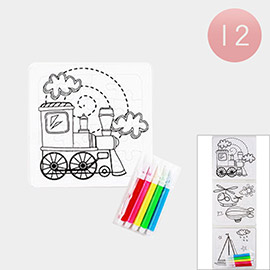 12 Set of 3 - Cute Train Transportation Coloring Puzzle Pen Sets