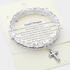 Lords Prayer Message Metal Cross Charm Stretch Bracelet