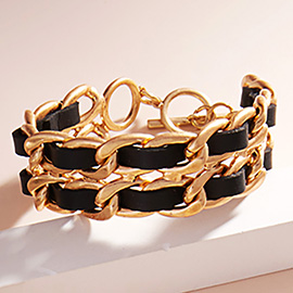 Faux Leather Braided Vintage Chain Link Toggle Bracelet