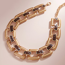 Vintage Metal Link with Embossed Leather Short Necklace