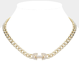 14K Gold Plated CZ Stone Paved Lock Pointed Chain Necklace