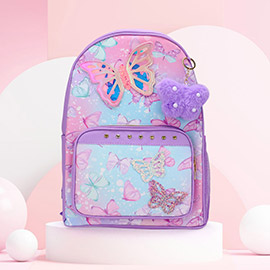 HOT FOCUS - Butterfly Patch Decorative Deluxe Backpack with a Pom Pom Keychain