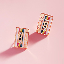 Stone Pointed Enamel Cassette Tape Stud Earrings