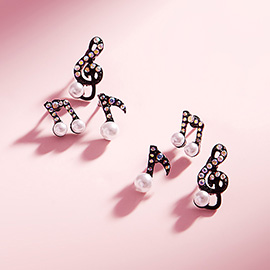 3PAIRS - Rhinestone Paved Pearl Pointed Music Note Stud Earring Set