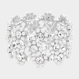 Round Rhinestone Pointed Pearl Flower Stretch Evening Bracelet