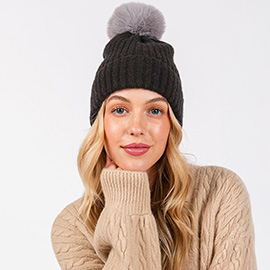 Solid Color Pom Pom Two Tone Beanie Hat