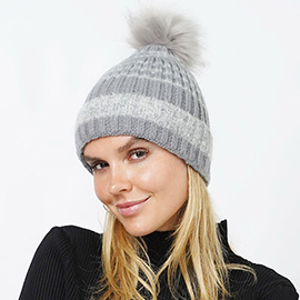 Ribbed Knit Pom Pom Beanie Hat