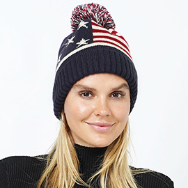 American USA Flag Pom Pom Knit Beanie Hat